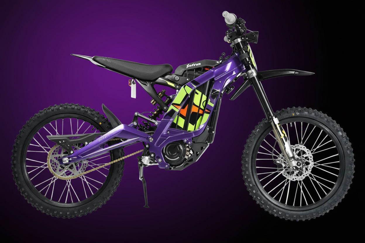 Purple off-road bike with visible branding on a white background
