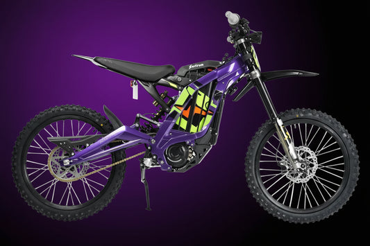 Purple off-road bike with visible branding on a white background