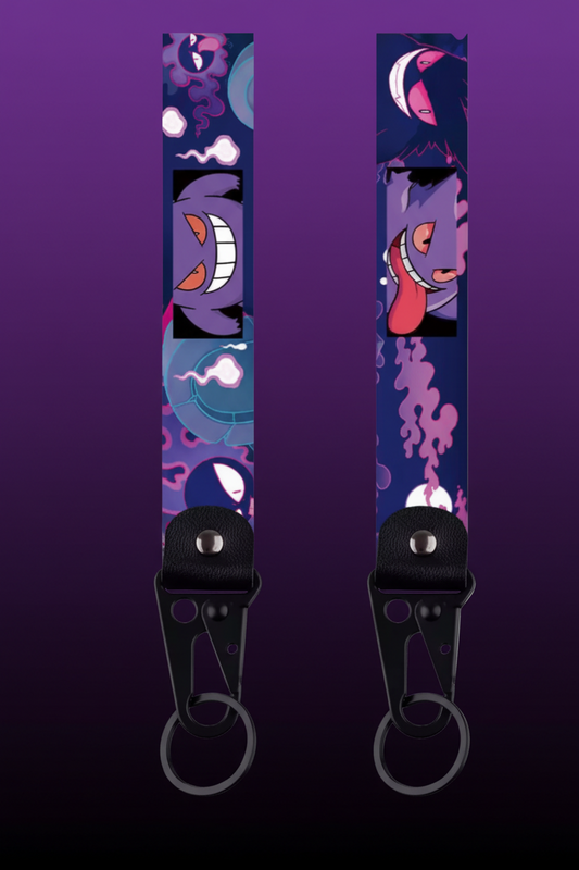 Lanyard with cartoon character design on a purple background